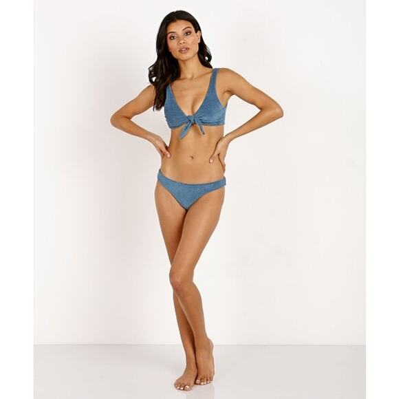 Mara Hoffman Rio Slate Blue Terry Knotted Tie Front Bikini Swimsuit Top Size L - Picture 1 of 9